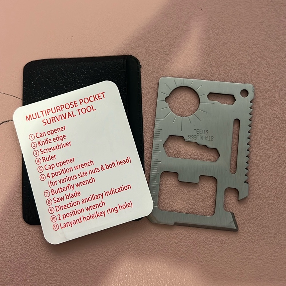 Multipurpose Pocket Survival Tool Card - Stainless Steel, Black Pocket Case